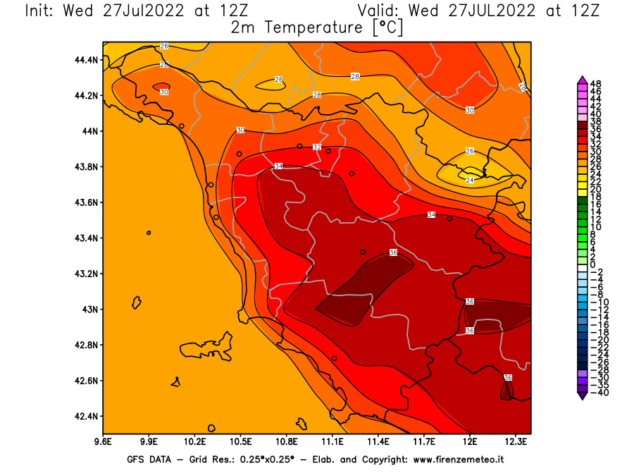 GFS analysi map - Temperature at 2 m above ground [°C] in Tuscany
									on 27/07/2022 12 <!--googleoff: index-->UTC<!--googleon: index-->
