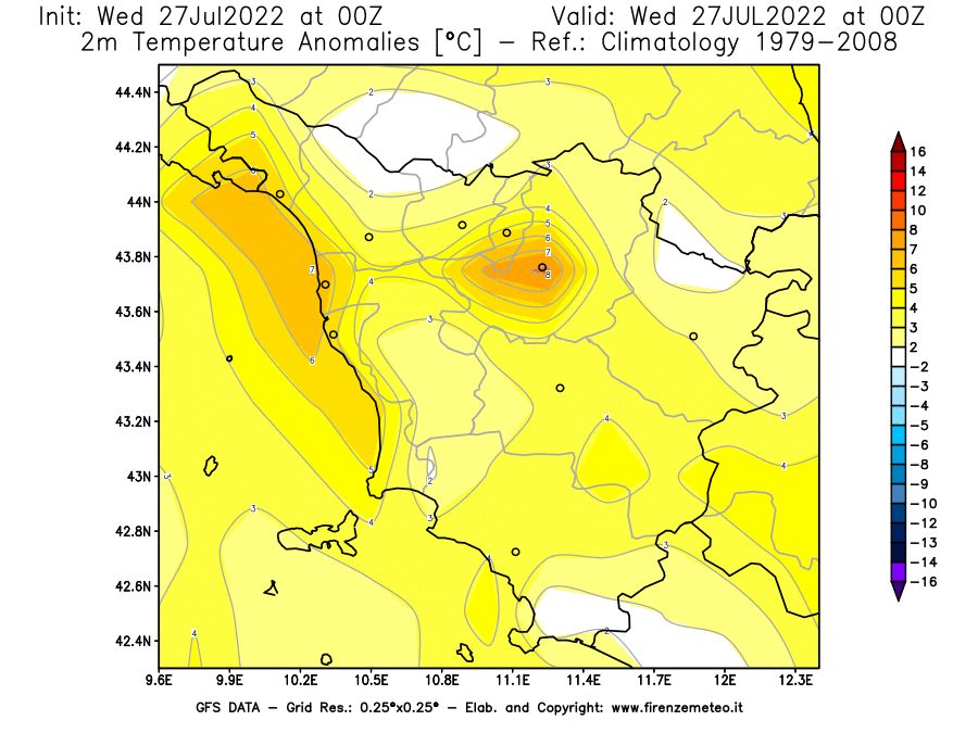 GFS analysi map - Temperature Anomalies [°C] at 2 m in Tuscany
									on 27/07/2022 00 <!--googleoff: index-->UTC<!--googleon: index-->
