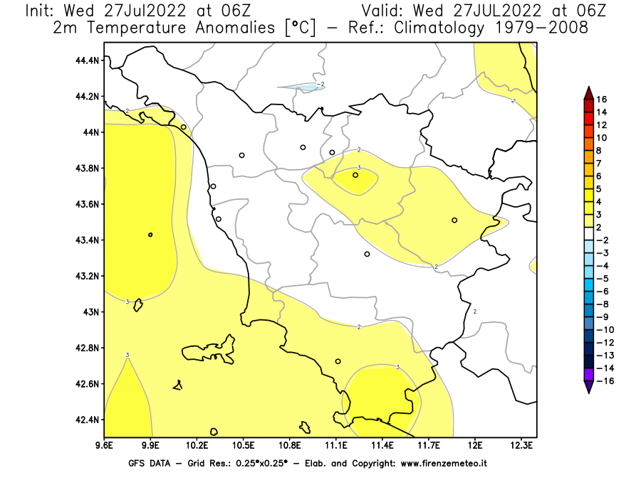 GFS analysi map - Temperature Anomalies [°C] at 2 m in Tuscany
									on 27/07/2022 06 <!--googleoff: index-->UTC<!--googleon: index-->