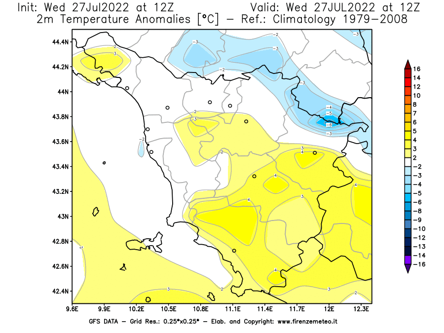 GFS analysi map - Temperature Anomalies [°C] at 2 m in Tuscany
									on 27/07/2022 12 <!--googleoff: index-->UTC<!--googleon: index-->