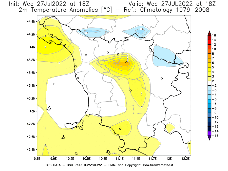 GFS analysi map - Temperature Anomalies [°C] at 2 m in Tuscany
									on 27/07/2022 18 <!--googleoff: index-->UTC<!--googleon: index-->