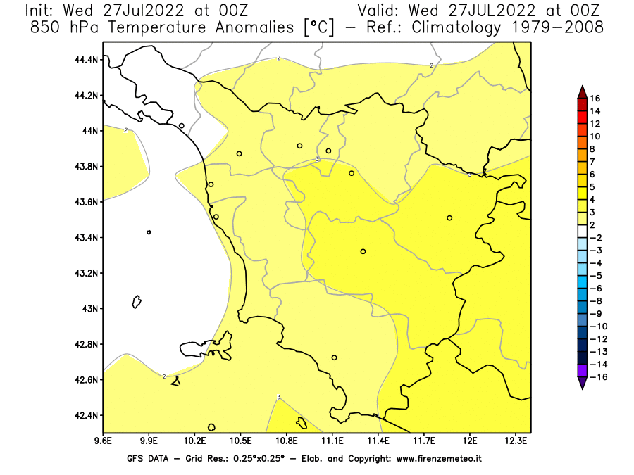 GFS analysi map - Temperature Anomalies [°C] at 850 hPa in Tuscany
									on 27/07/2022 00 <!--googleoff: index-->UTC<!--googleon: index-->