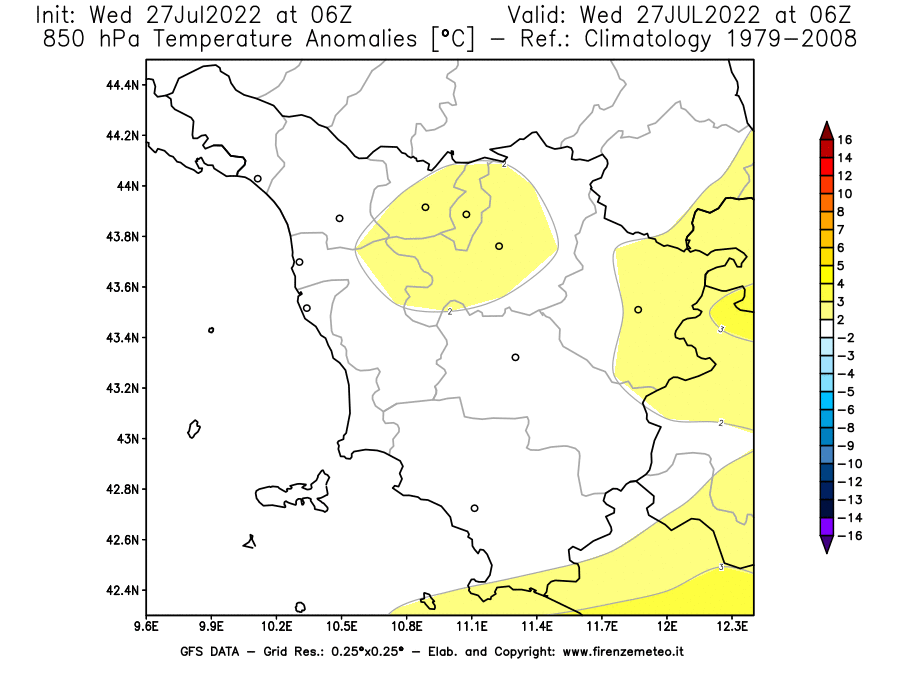 GFS analysi map - Temperature Anomalies [°C] at 850 hPa in Tuscany
									on 27/07/2022 06 <!--googleoff: index-->UTC<!--googleon: index-->
