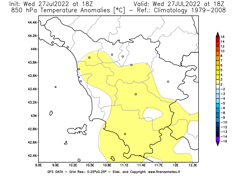 GFS analysi map - Temperature Anomalies [°C] at 850 hPa in Tuscany
									on 27/07/2022 18 <!--googleoff: index-->UTC<!--googleon: index-->