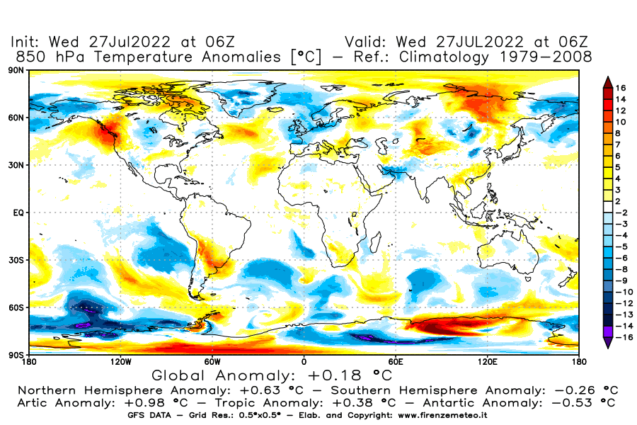 GFS analysi map - Temperature Anomalies [°C] at 850 hPa in World
									on 27/07/2022 06 <!--googleoff: index-->UTC<!--googleon: index-->
