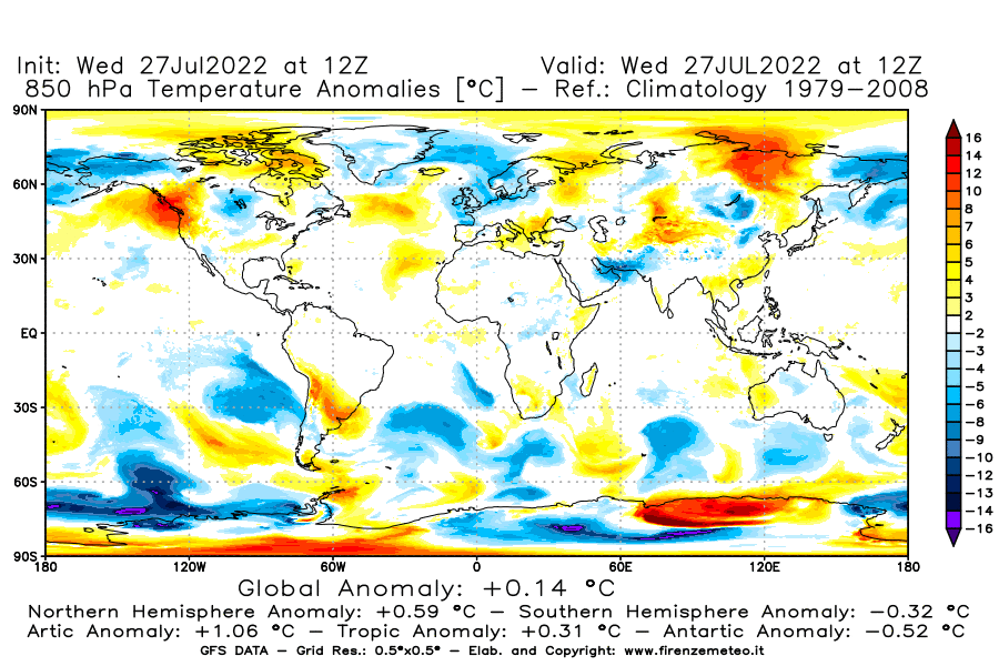 GFS analysi map - Temperature Anomalies [°C] at 850 hPa in World
									on 27/07/2022 12 <!--googleoff: index-->UTC<!--googleon: index-->
