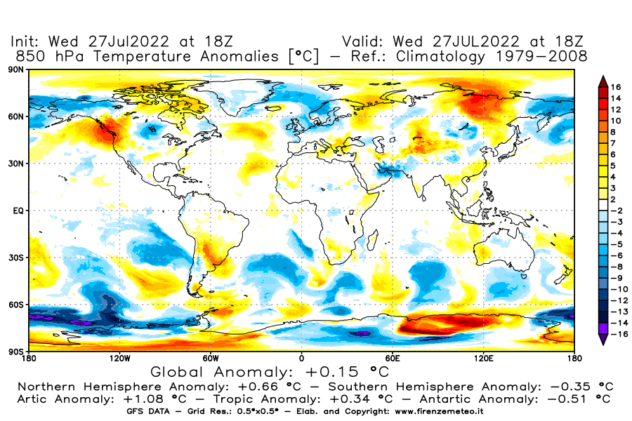 GFS analysi map - Temperature Anomalies [°C] at 850 hPa in World
									on 27/07/2022 18 <!--googleoff: index-->UTC<!--googleon: index-->