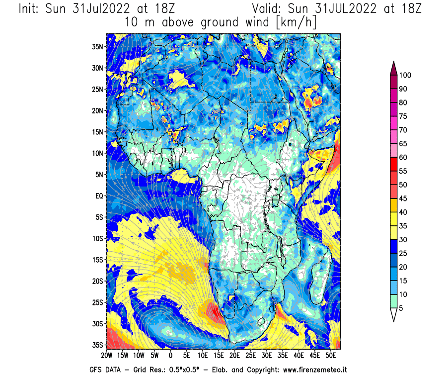 GFS analysi map - Wind Speed at 10 m above ground [km/h] in Africa
									on 31/07/2022 18 <!--googleoff: index-->UTC<!--googleon: index-->