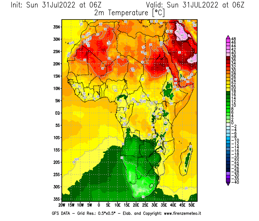 GFS analysi map - Temperature at 2 m above ground [°C] in Africa
									on 31/07/2022 06 <!--googleoff: index-->UTC<!--googleon: index-->