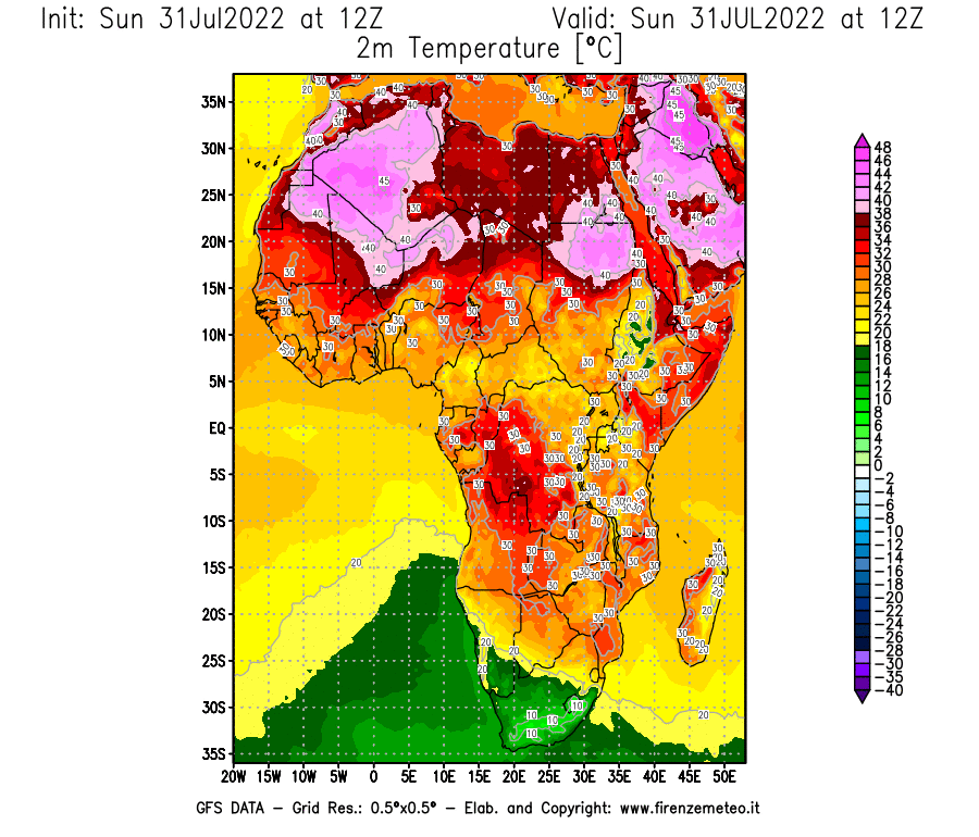 GFS analysi map - Temperature at 2 m above ground [°C] in Africa
									on 31/07/2022 12 <!--googleoff: index-->UTC<!--googleon: index-->