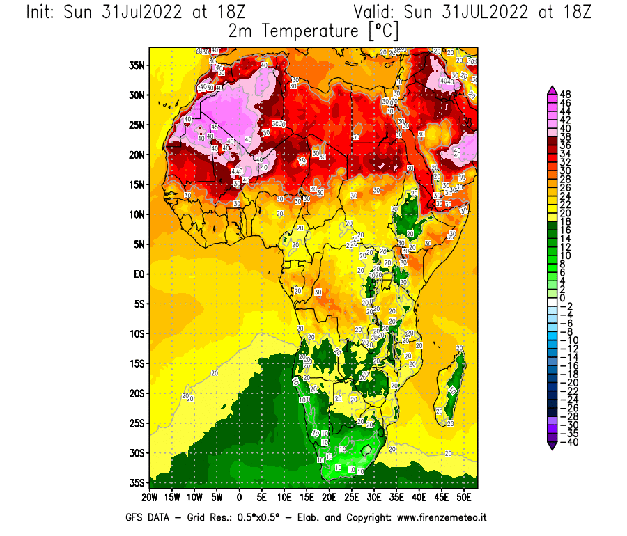 GFS analysi map - Temperature at 2 m above ground [°C] in Africa
									on 31/07/2022 18 <!--googleoff: index-->UTC<!--googleon: index-->