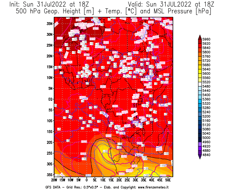 GFS analysi map - Geopotential [m] + Temp. [°C] at 500 hPa + Sea Level Pressure [hPa] in Africa
									on 31/07/2022 18 <!--googleoff: index-->UTC<!--googleon: index-->