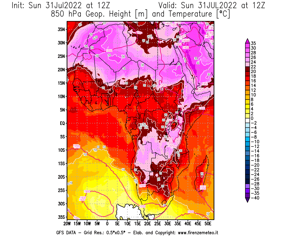 GFS analysi map - Geopotential [m] and Temperature [°C] at 850 hPa in Africa
									on 31/07/2022 12 <!--googleoff: index-->UTC<!--googleon: index-->