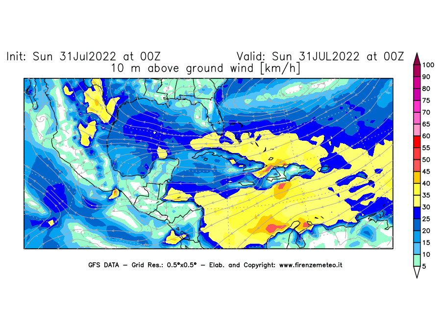 GFS analysi map - Wind Speed at 10 m above ground [km/h] in Central America
									on 31/07/2022 00 <!--googleoff: index-->UTC<!--googleon: index-->