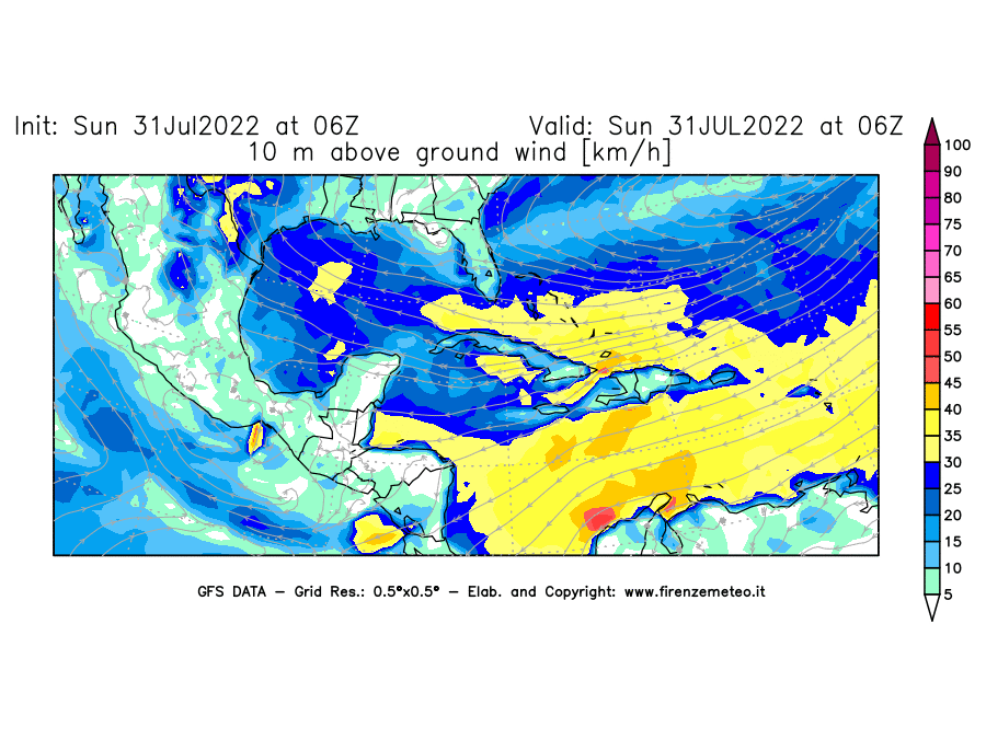 GFS analysi map - Wind Speed at 10 m above ground [km/h] in Central America
									on 31/07/2022 06 <!--googleoff: index-->UTC<!--googleon: index-->