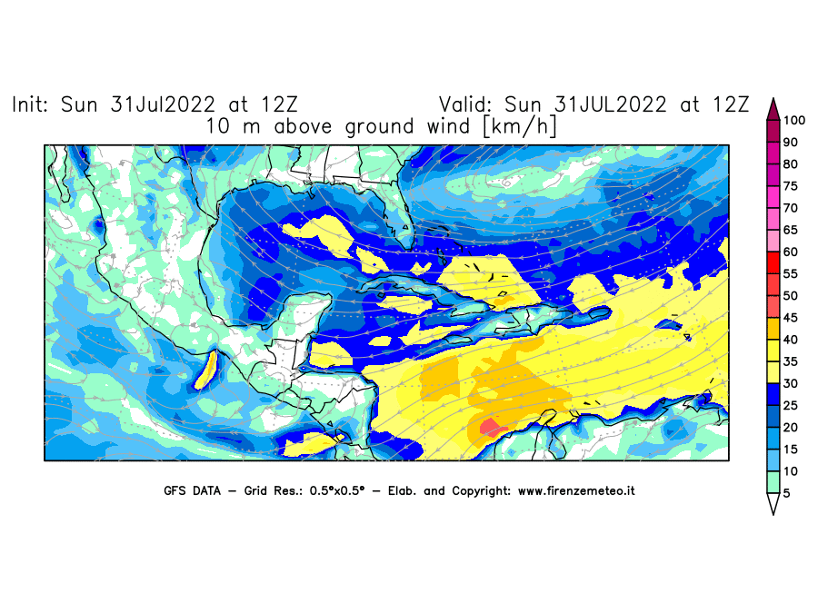 GFS analysi map - Wind Speed at 10 m above ground [km/h] in Central America
									on 31/07/2022 12 <!--googleoff: index-->UTC<!--googleon: index-->