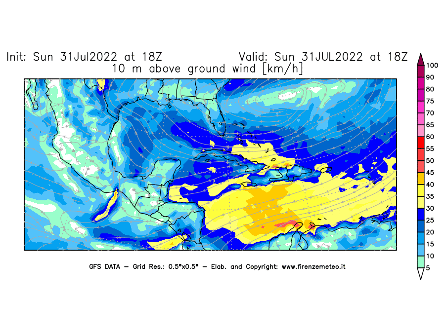 GFS analysi map - Wind Speed at 10 m above ground [km/h] in Central America
									on 31/07/2022 18 <!--googleoff: index-->UTC<!--googleon: index-->