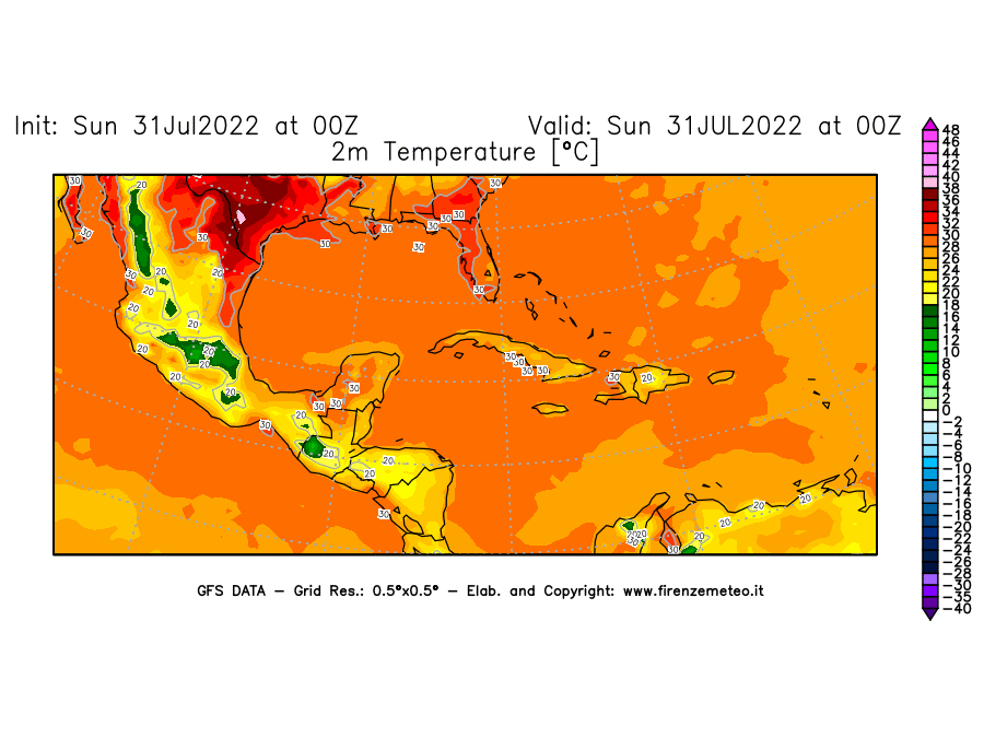 GFS analysi map - Temperature at 2 m above ground [°C] in Central America
									on 31/07/2022 00 <!--googleoff: index-->UTC<!--googleon: index-->