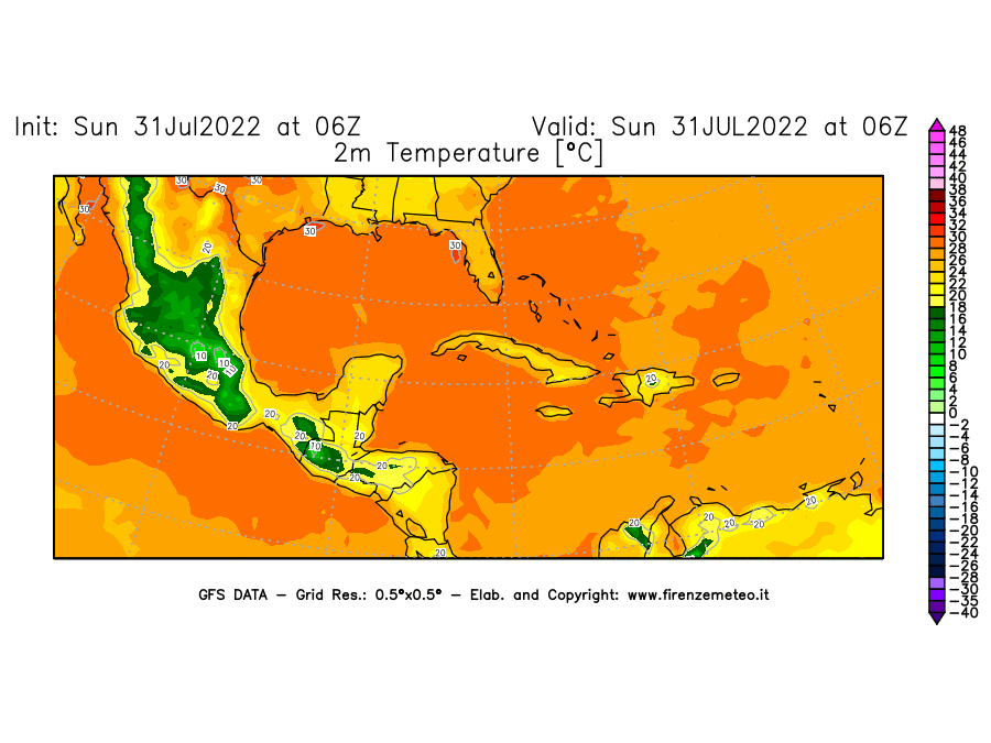 GFS analysi map - Temperature at 2 m above ground [°C] in Central America
									on 31/07/2022 06 <!--googleoff: index-->UTC<!--googleon: index-->