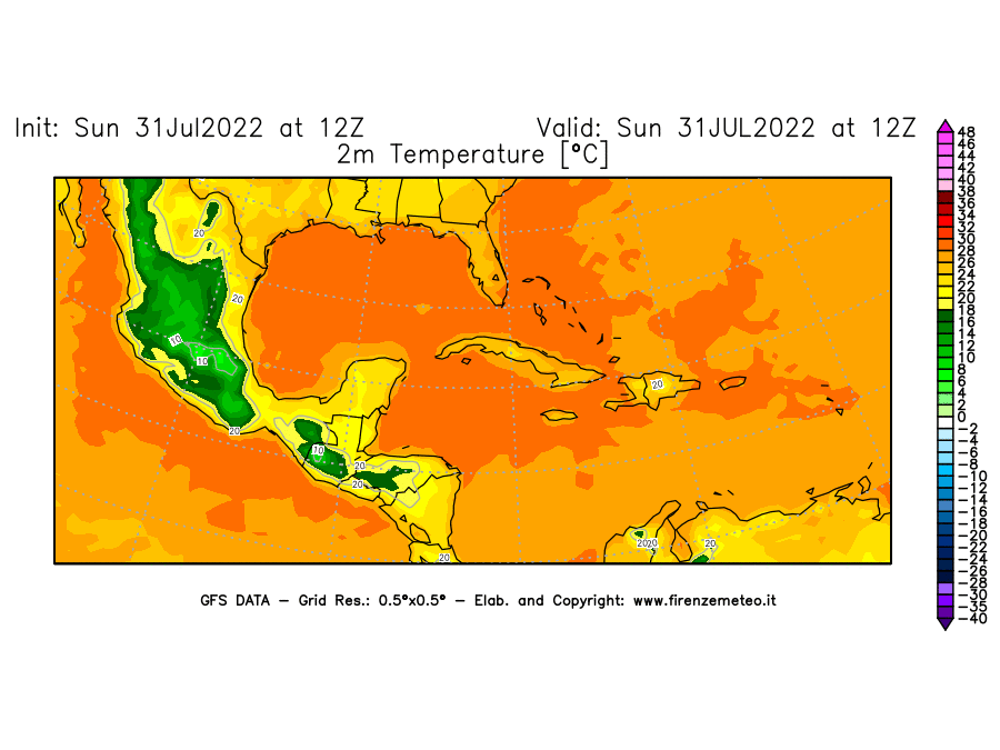 GFS analysi map - Temperature at 2 m above ground [°C] in Central America
									on 31/07/2022 12 <!--googleoff: index-->UTC<!--googleon: index-->