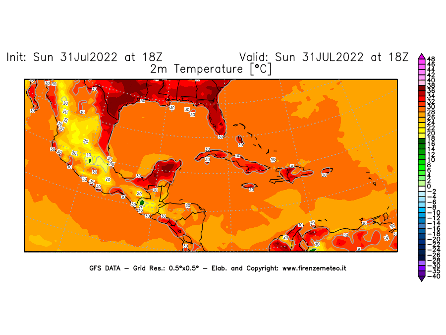 GFS analysi map - Temperature at 2 m above ground [°C] in Central America
									on 31/07/2022 18 <!--googleoff: index-->UTC<!--googleon: index-->