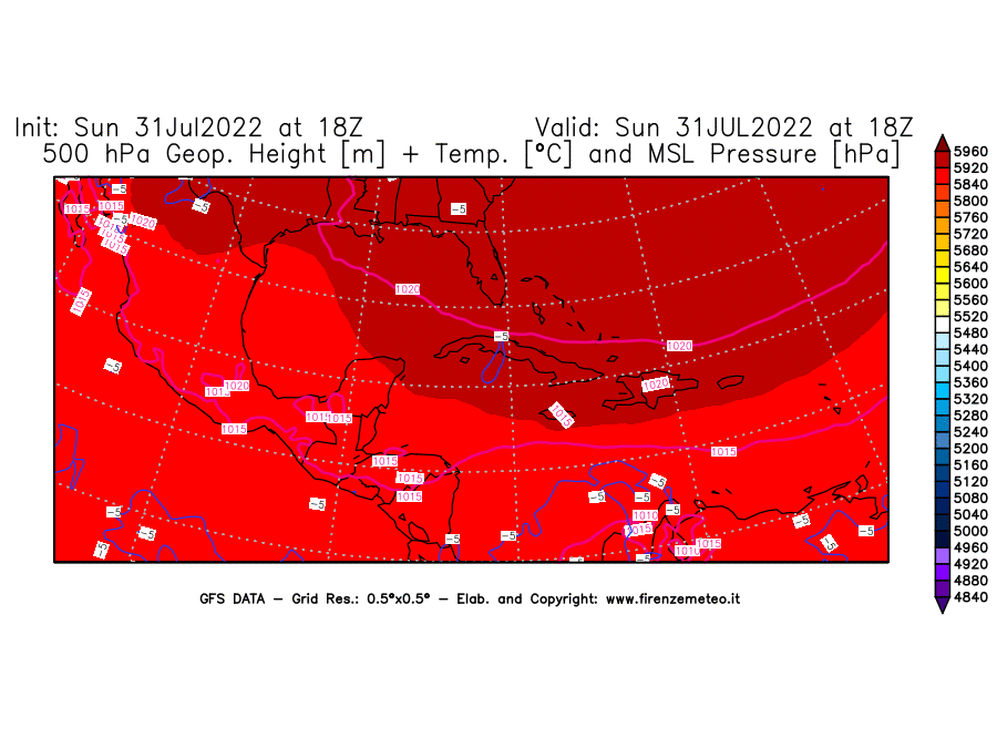 GFS analysi map - Geopotential [m] + Temp. [°C] at 500 hPa + Sea Level Pressure [hPa] in Central America
									on 31/07/2022 18 <!--googleoff: index-->UTC<!--googleon: index-->