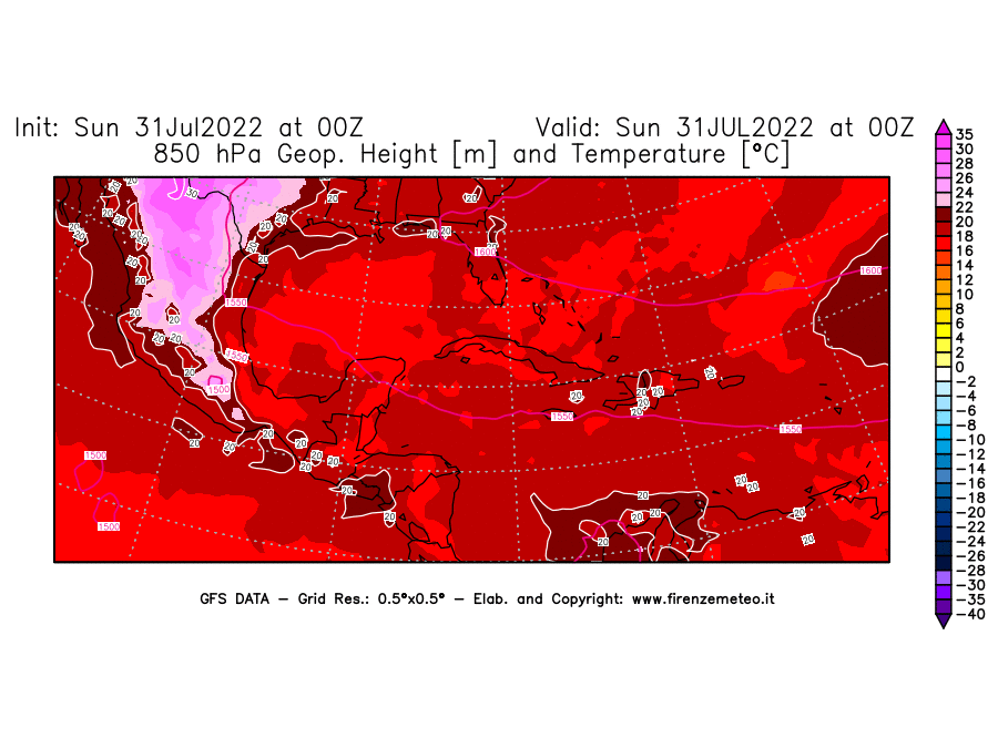 GFS analysi map - Geopotential [m] and Temperature [°C] at 850 hPa in Central America
									on 31/07/2022 00 <!--googleoff: index-->UTC<!--googleon: index-->
