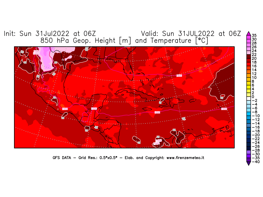 GFS analysi map - Geopotential [m] and Temperature [°C] at 850 hPa in Central America
									on 31/07/2022 06 <!--googleoff: index-->UTC<!--googleon: index-->