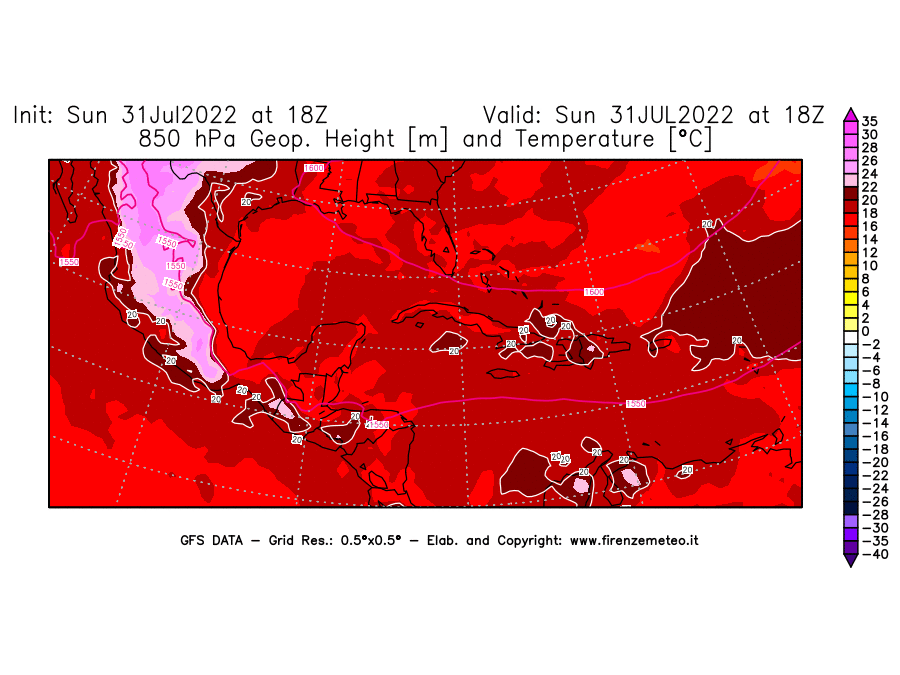 GFS analysi map - Geopotential [m] and Temperature [°C] at 850 hPa in Central America
									on 31/07/2022 18 <!--googleoff: index-->UTC<!--googleon: index-->