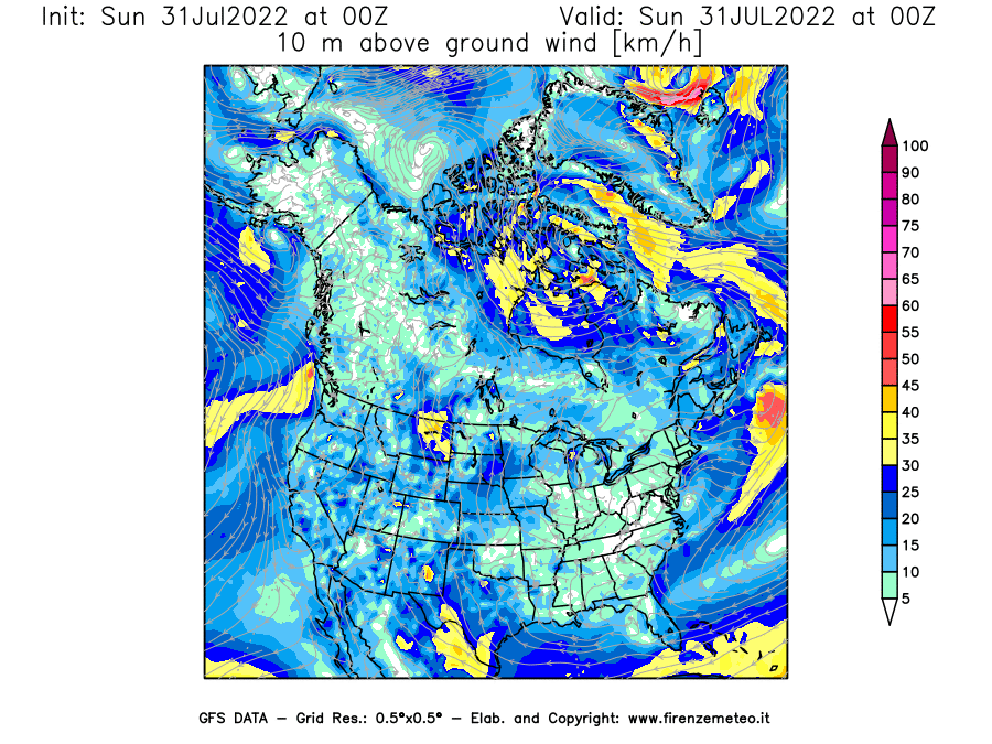 GFS analysi map - Wind Speed at 10 m above ground [km/h] in North America
									on 31/07/2022 00 <!--googleoff: index-->UTC<!--googleon: index-->