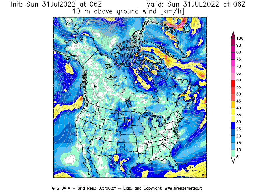 GFS analysi map - Wind Speed at 10 m above ground [km/h] in North America
									on 31/07/2022 06 <!--googleoff: index-->UTC<!--googleon: index-->