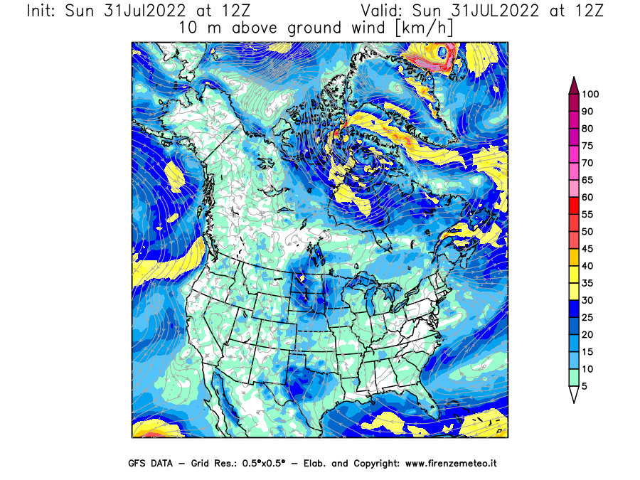 GFS analysi map - Wind Speed at 10 m above ground [km/h] in North America
									on 31/07/2022 12 <!--googleoff: index-->UTC<!--googleon: index-->