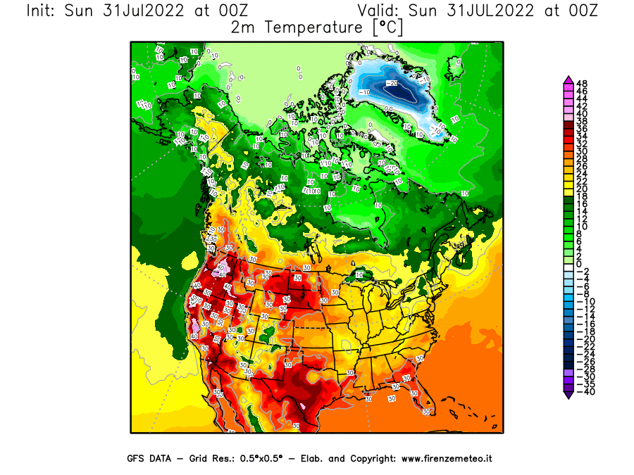 GFS analysi map - Temperature at 2 m above ground [°C] in North America
									on 31/07/2022 00 <!--googleoff: index-->UTC<!--googleon: index-->