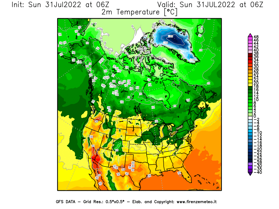 GFS analysi map - Temperature at 2 m above ground [°C] in North America
									on 31/07/2022 06 <!--googleoff: index-->UTC<!--googleon: index-->
