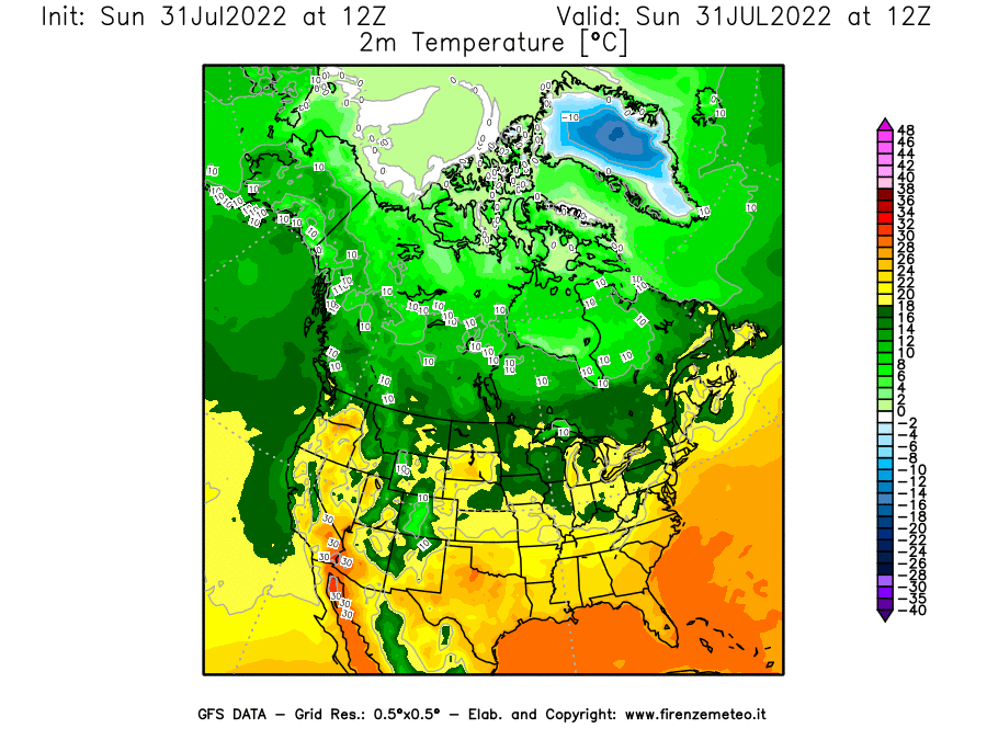 GFS analysi map - Temperature at 2 m above ground [°C] in North America
									on 31/07/2022 12 <!--googleoff: index-->UTC<!--googleon: index-->