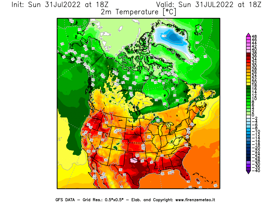GFS analysi map - Temperature at 2 m above ground [°C] in North America
									on 31/07/2022 18 <!--googleoff: index-->UTC<!--googleon: index-->