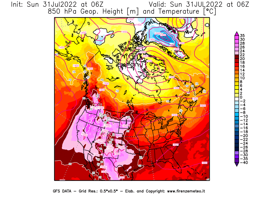 GFS analysi map - Geopotential [m] and Temperature [°C] at 850 hPa in North America
									on 31/07/2022 06 <!--googleoff: index-->UTC<!--googleon: index-->