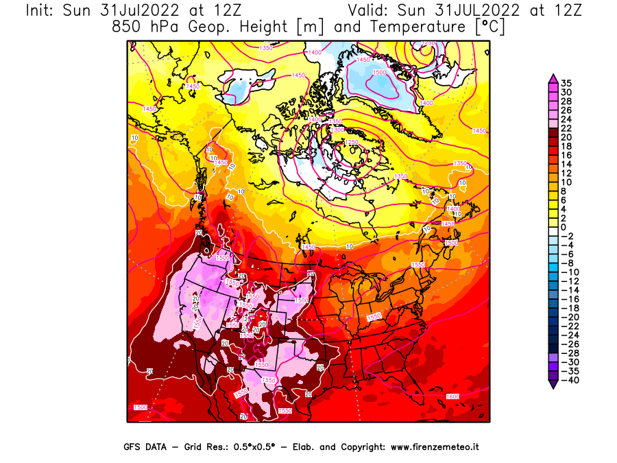 GFS analysi map - Geopotential [m] and Temperature [°C] at 850 hPa in North America
									on 31/07/2022 12 <!--googleoff: index-->UTC<!--googleon: index-->