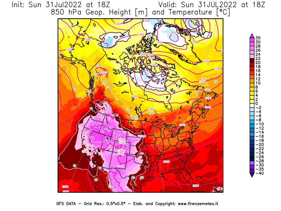 GFS analysi map - Geopotential [m] and Temperature [°C] at 850 hPa in North America
									on 31/07/2022 18 <!--googleoff: index-->UTC<!--googleon: index-->