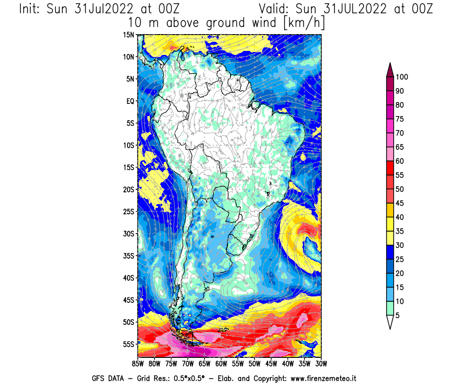 GFS analysi map - Wind Speed at 10 m above ground [km/h] in South America
									on 31/07/2022 00 <!--googleoff: index-->UTC<!--googleon: index-->