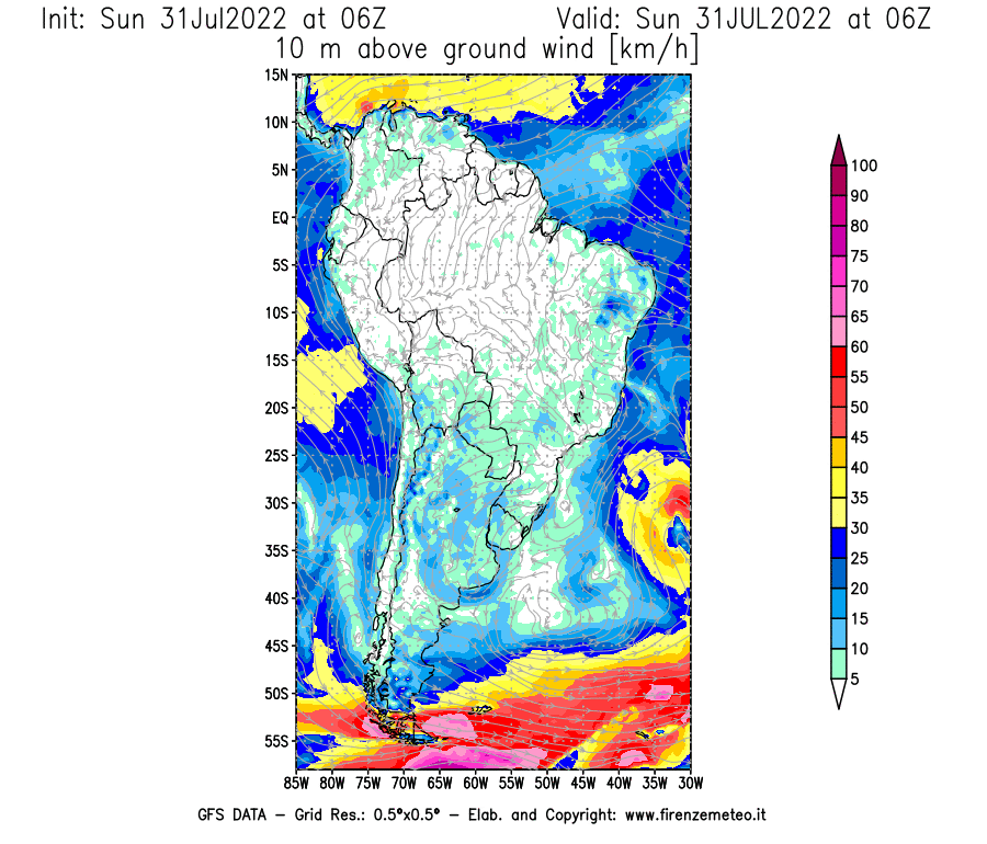 GFS analysi map - Wind Speed at 10 m above ground [km/h] in South America
									on 31/07/2022 06 <!--googleoff: index-->UTC<!--googleon: index-->