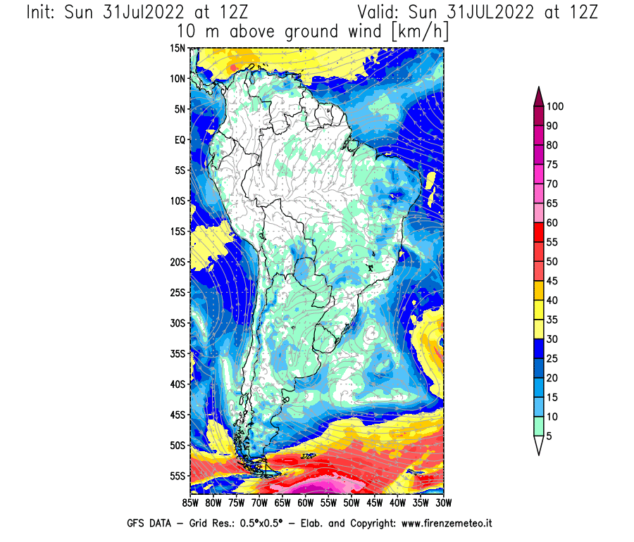GFS analysi map - Wind Speed at 10 m above ground [km/h] in South America
									on 31/07/2022 12 <!--googleoff: index-->UTC<!--googleon: index-->