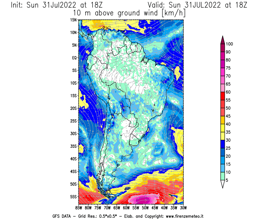 GFS analysi map - Wind Speed at 10 m above ground [km/h] in South America
									on 31/07/2022 18 <!--googleoff: index-->UTC<!--googleon: index-->