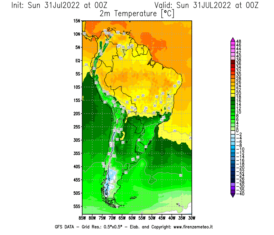 GFS analysi map - Temperature at 2 m above ground [°C] in South America
									on 31/07/2022 00 <!--googleoff: index-->UTC<!--googleon: index-->