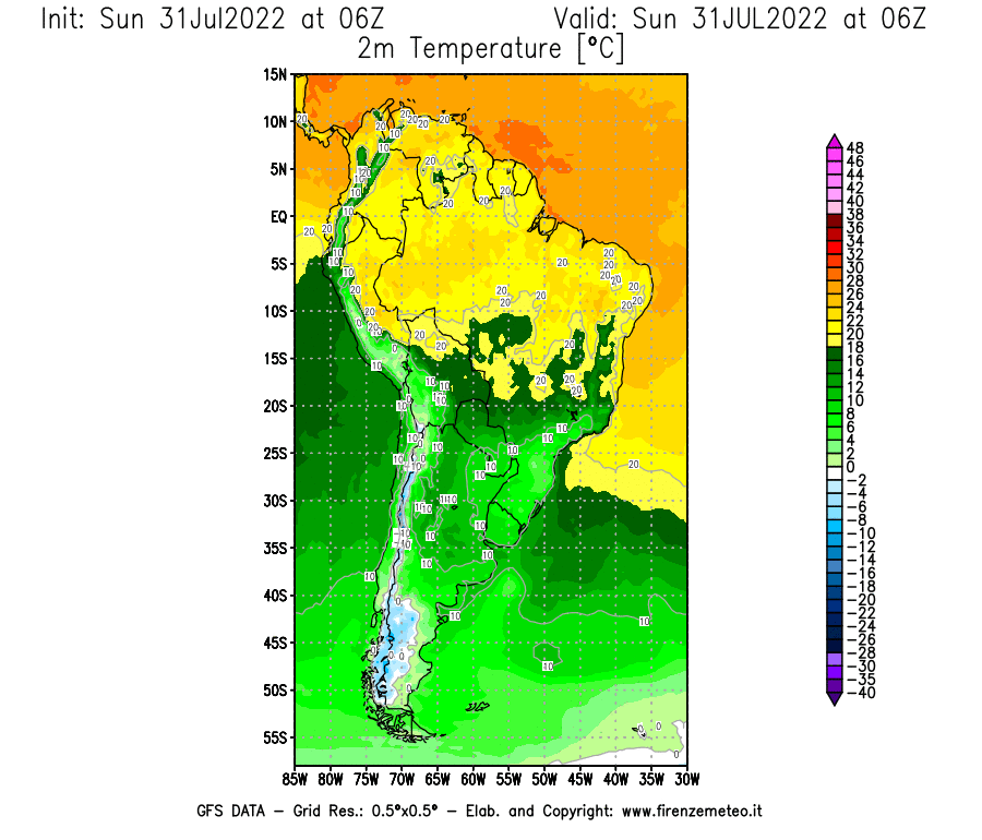 GFS analysi map - Temperature at 2 m above ground [°C] in South America
									on 31/07/2022 06 <!--googleoff: index-->UTC<!--googleon: index-->