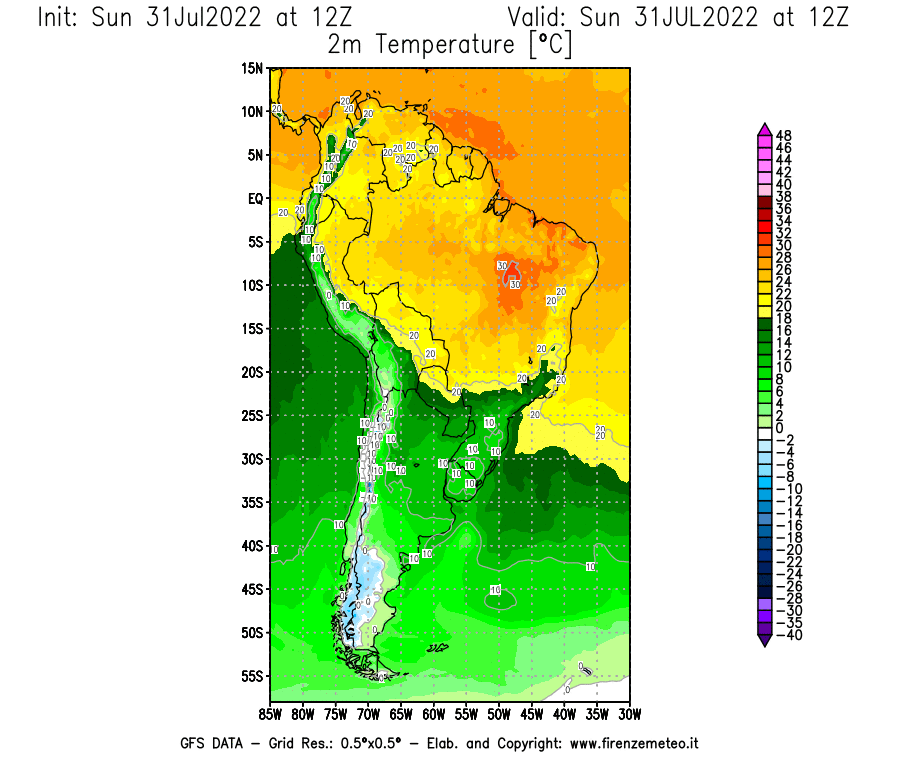GFS analysi map - Temperature at 2 m above ground [°C] in South America
									on 31/07/2022 12 <!--googleoff: index-->UTC<!--googleon: index-->