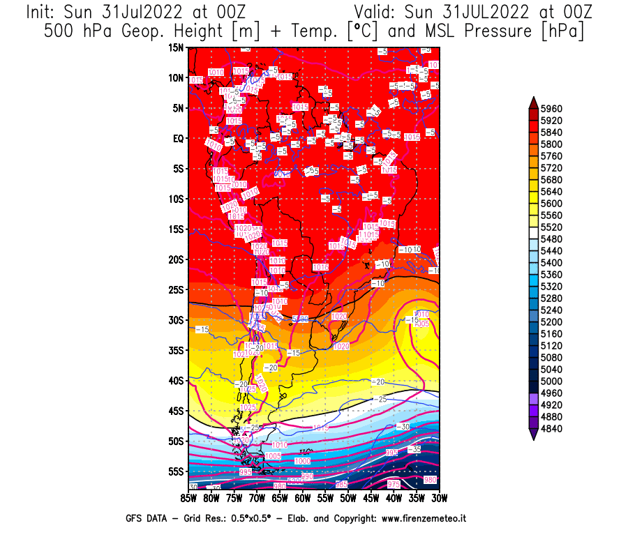 GFS analysi map - Geopotential [m] + Temp. [°C] at 500 hPa + Sea Level Pressure [hPa] in South America
									on 31/07/2022 00 <!--googleoff: index-->UTC<!--googleon: index-->