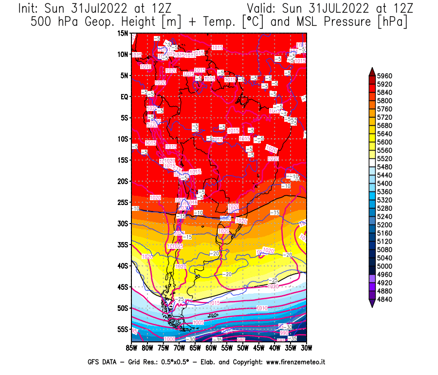 GFS analysi map - Geopotential [m] + Temp. [°C] at 500 hPa + Sea Level Pressure [hPa] in South America
									on 31/07/2022 12 <!--googleoff: index-->UTC<!--googleon: index-->