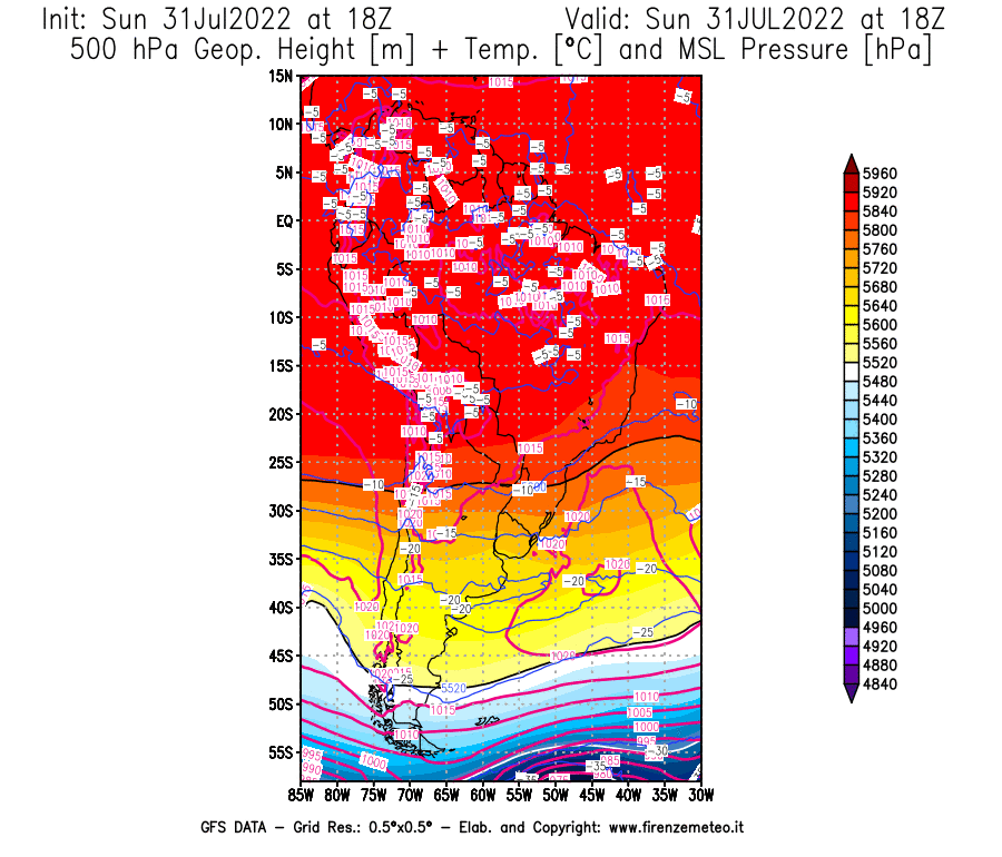 GFS analysi map - Geopotential [m] + Temp. [°C] at 500 hPa + Sea Level Pressure [hPa] in South America
									on 31/07/2022 18 <!--googleoff: index-->UTC<!--googleon: index-->