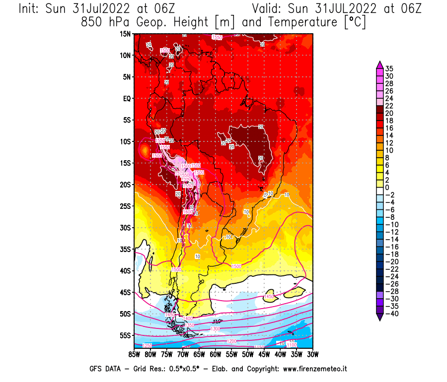 GFS analysi map - Geopotential [m] and Temperature [°C] at 850 hPa in South America
									on 31/07/2022 06 <!--googleoff: index-->UTC<!--googleon: index-->